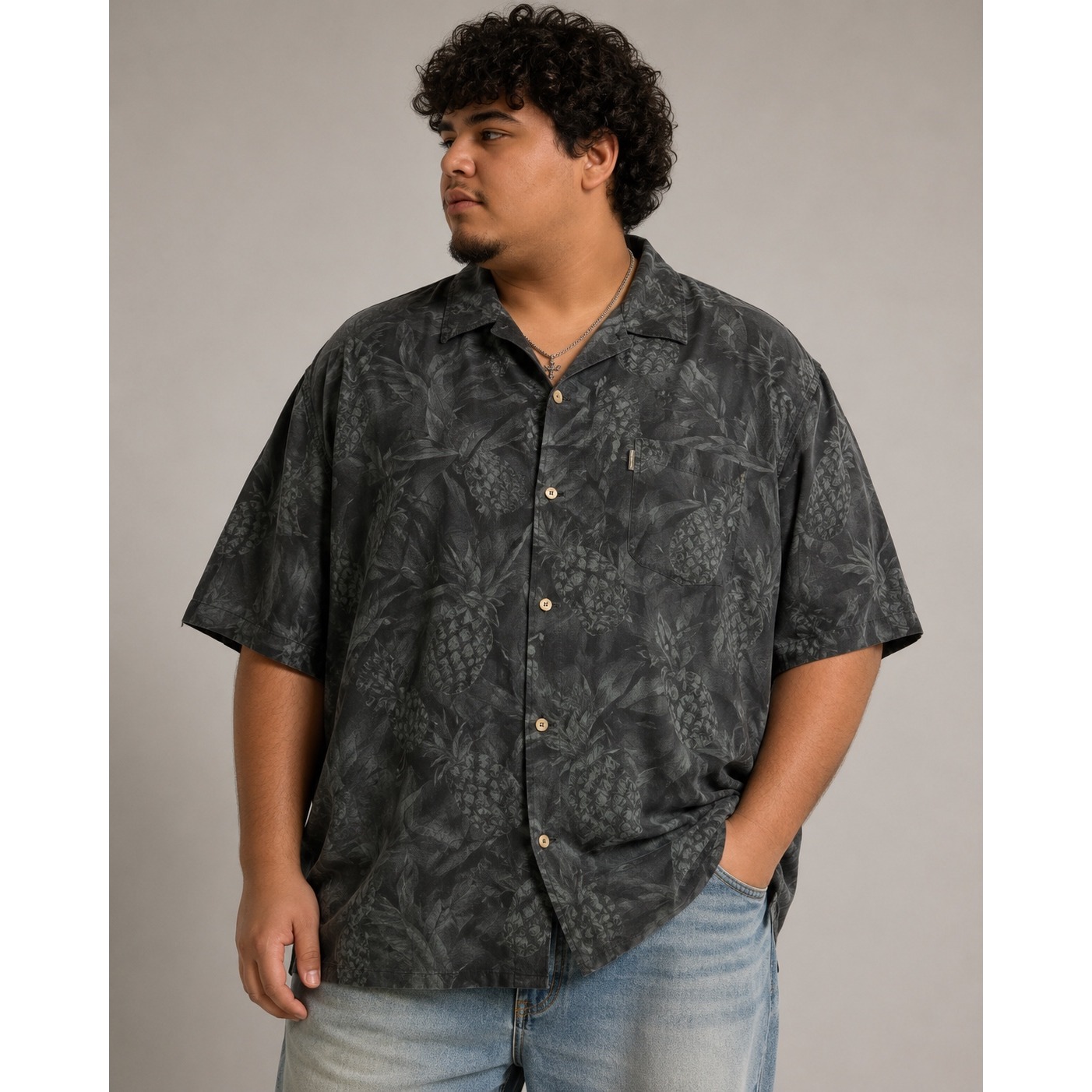 Pineapple Connection Mens 4xb Gray Rayon Pineapple Print Camp Shirt Short Sleeve